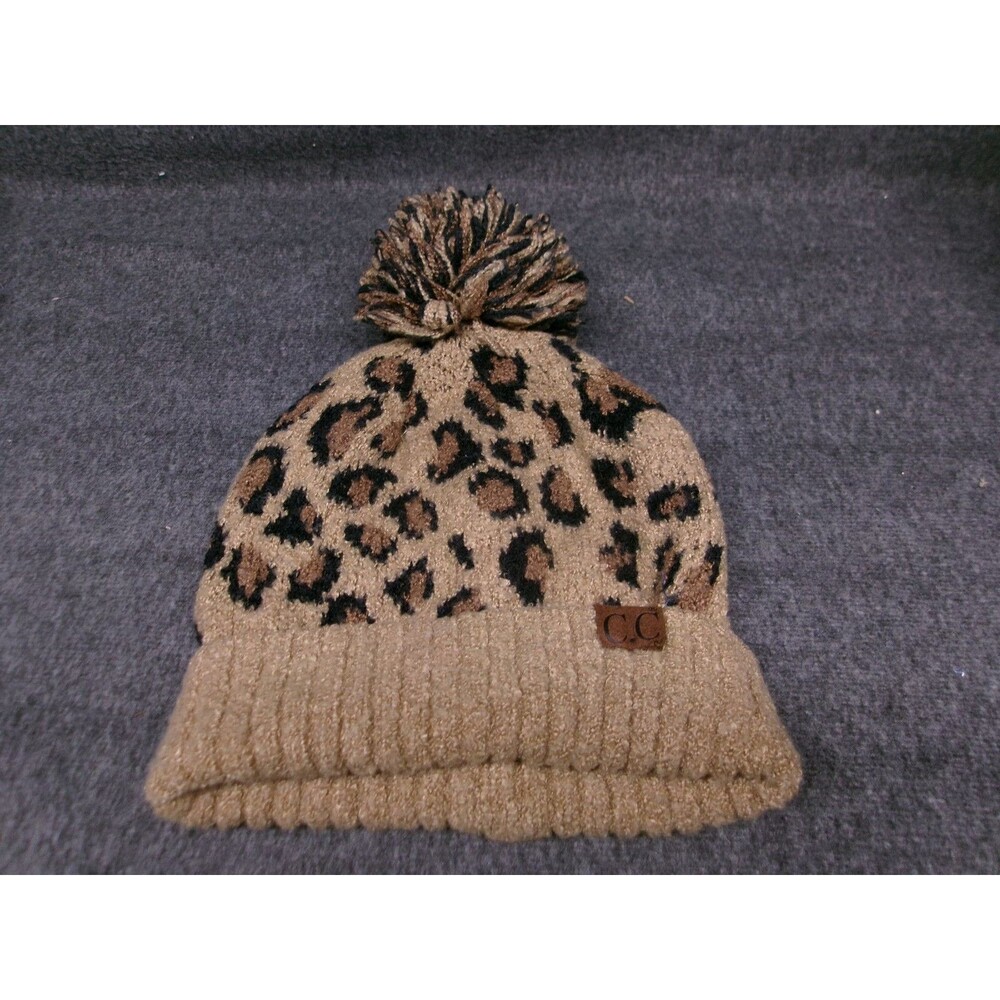 CC Beanie Womens Leopard Print Pom Pom Knit Hat Tan Brown Polyester Cozy Winter
